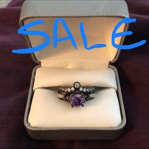 Black and silver purple crystal skull ring, size 7